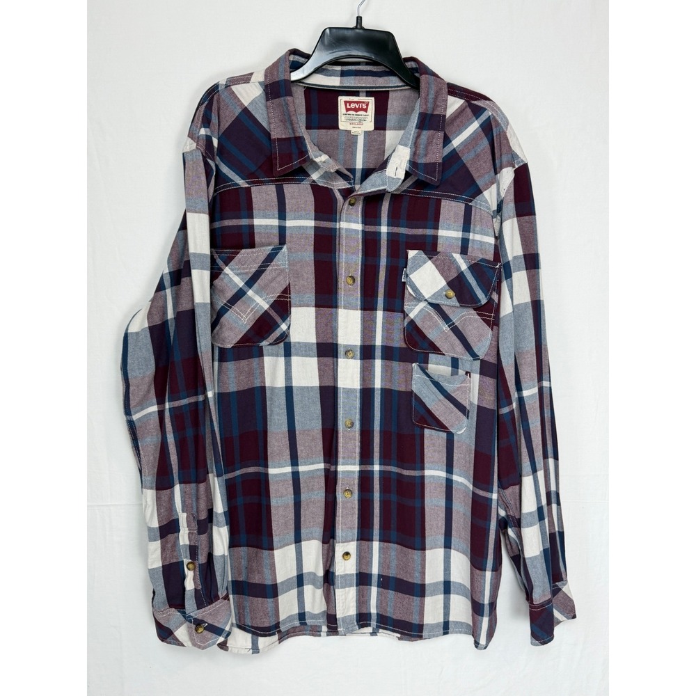 Levi's Men 100% Cotton Button Up Shirt XXXL Burgundy Plaid Western Yoke Pocket